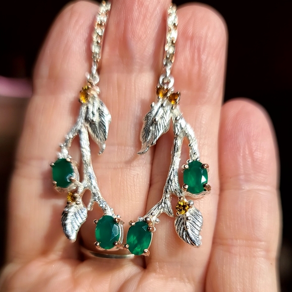 Green Onyx & Citrine Sterling & Gold branch earrings - Picture 3 of 5